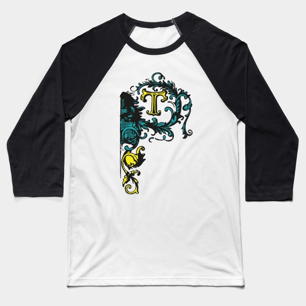 Letter T with ornaments in yellow Baseball T-Shirt by Creative Art Store